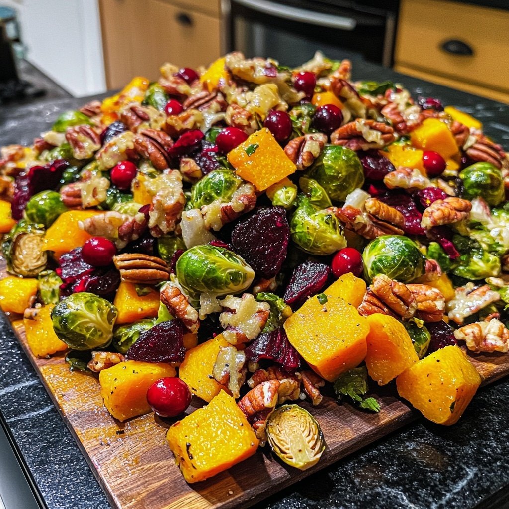 Wintersalat mit Butternutkürbis Rosenkohl Cranberries Pekannüssen und Roter Bete