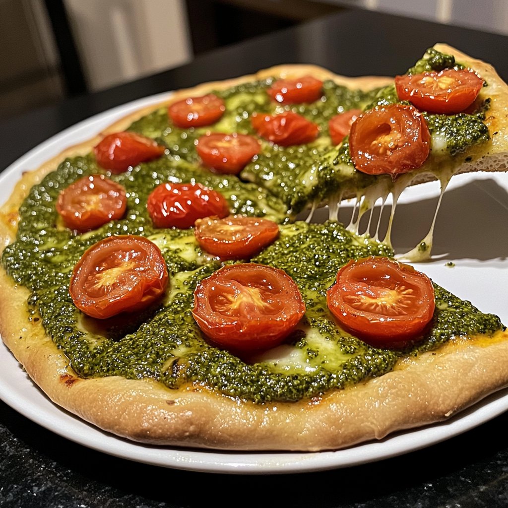 Pizza mit Pesto und Kirschtomaten